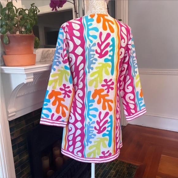 GRETCHEN SCOTT DESIGNS 100% Cotton Multi Color Leaf Print Split Neck Tunic Sz XS - Picture 7 of 12